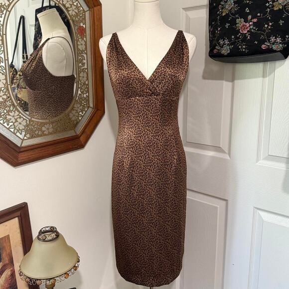 VTG 90s Kathlin Argiro Brown Cheetah Print Silk Rhinestone Fitted Sheath Dress 2 - Picture 1 of 7